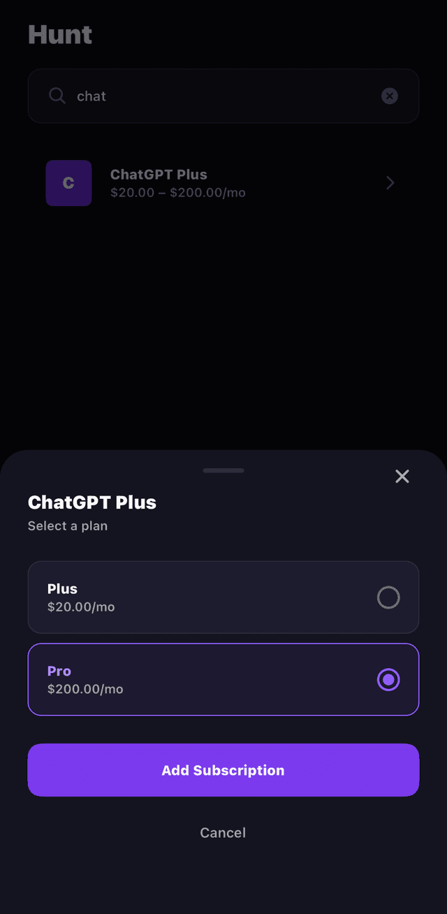 Blood Drain Hunt tab showing a search for ChatGPT with plan selection