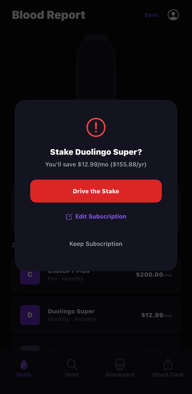 Stake confirmation screen for Duolingo Super with Drive the Stake button